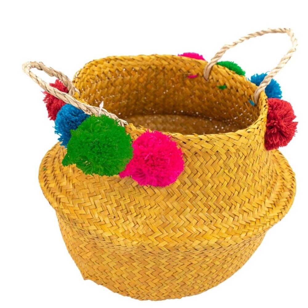 NWT ShelterCast Yellow Seagrass Belly Basket 8 Pompoms Purse Satchel Bag Whimsy